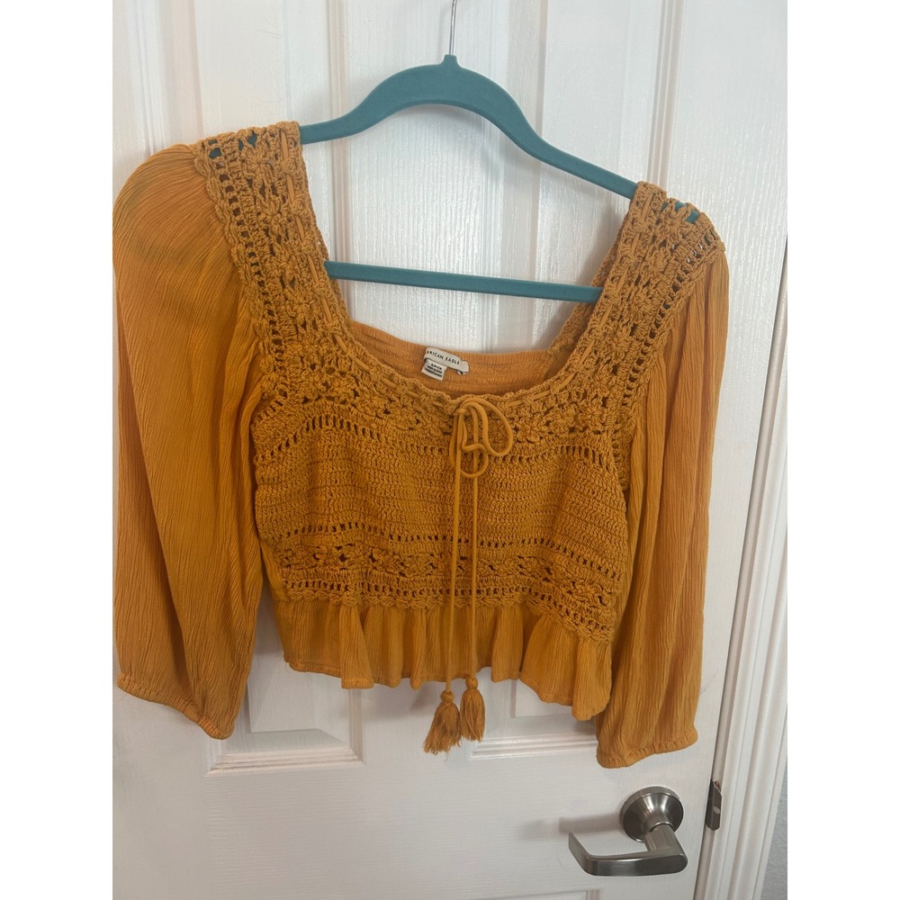 American Eagle Crop Top Mustard Yellow Crochet Lace Boho Peplum Blouse S